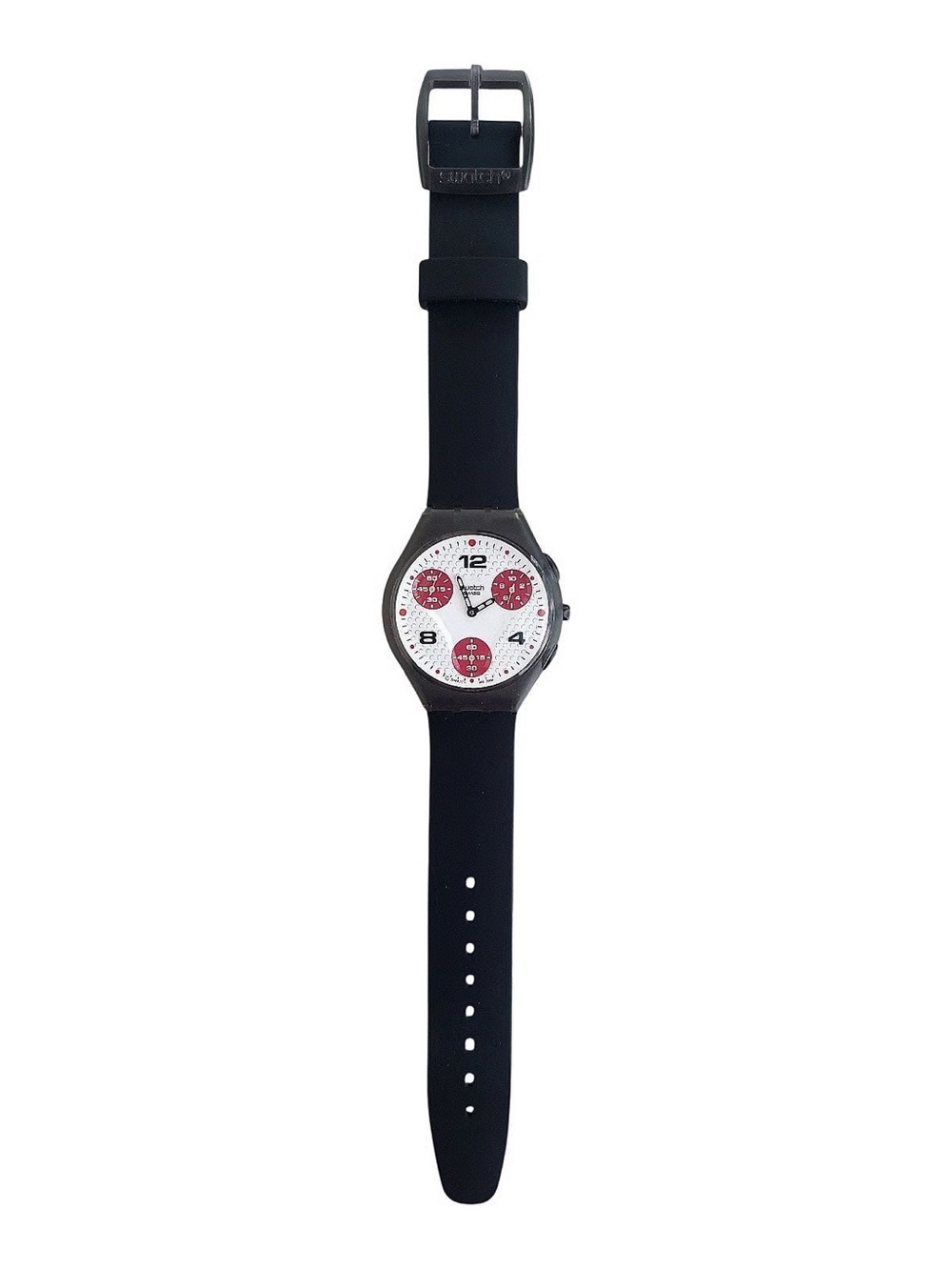 Swatch Black Silicone Watch with White Dial and Red Subdials